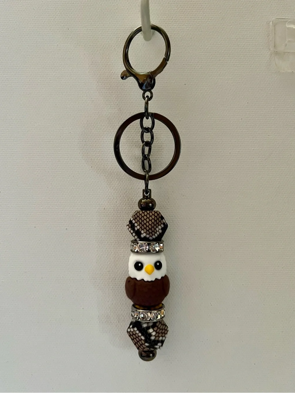 Cute American Eagle Keychain w/Brown/White/Black Camouflage & Rhinestone-Accents